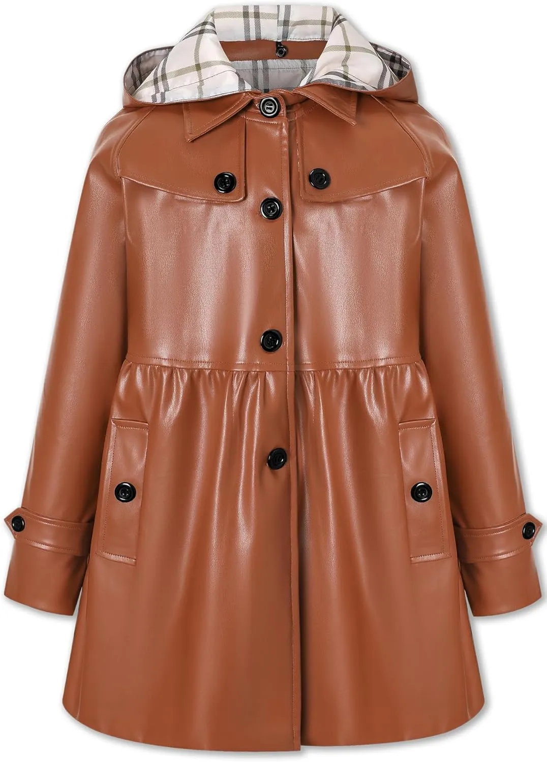 Betusline Kids Girls PU Faux Leather Trench Coat Hooded Winter Outwear Jackets, 2-14 Years