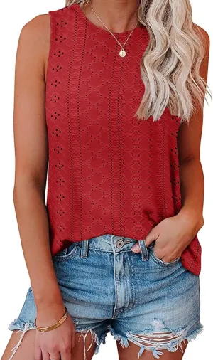 Bliwov Womens Summer Tank Tops Eyelet Embroidery Shirts Sleeveless Casual Beach Vacation Clothes Scoop Neck Basic Top