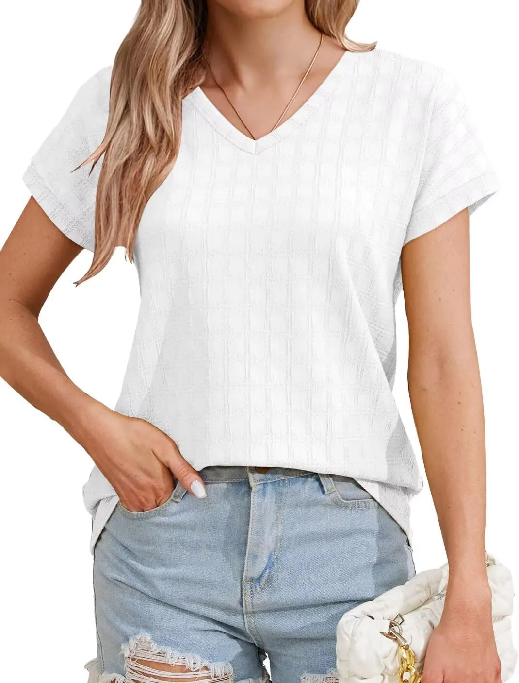 Bliwov Womens Summer Texture Tops Dressy Casual V Neck Short Sleeve T Shirts for Women 2025 Going Out Trendy Basic Outfits