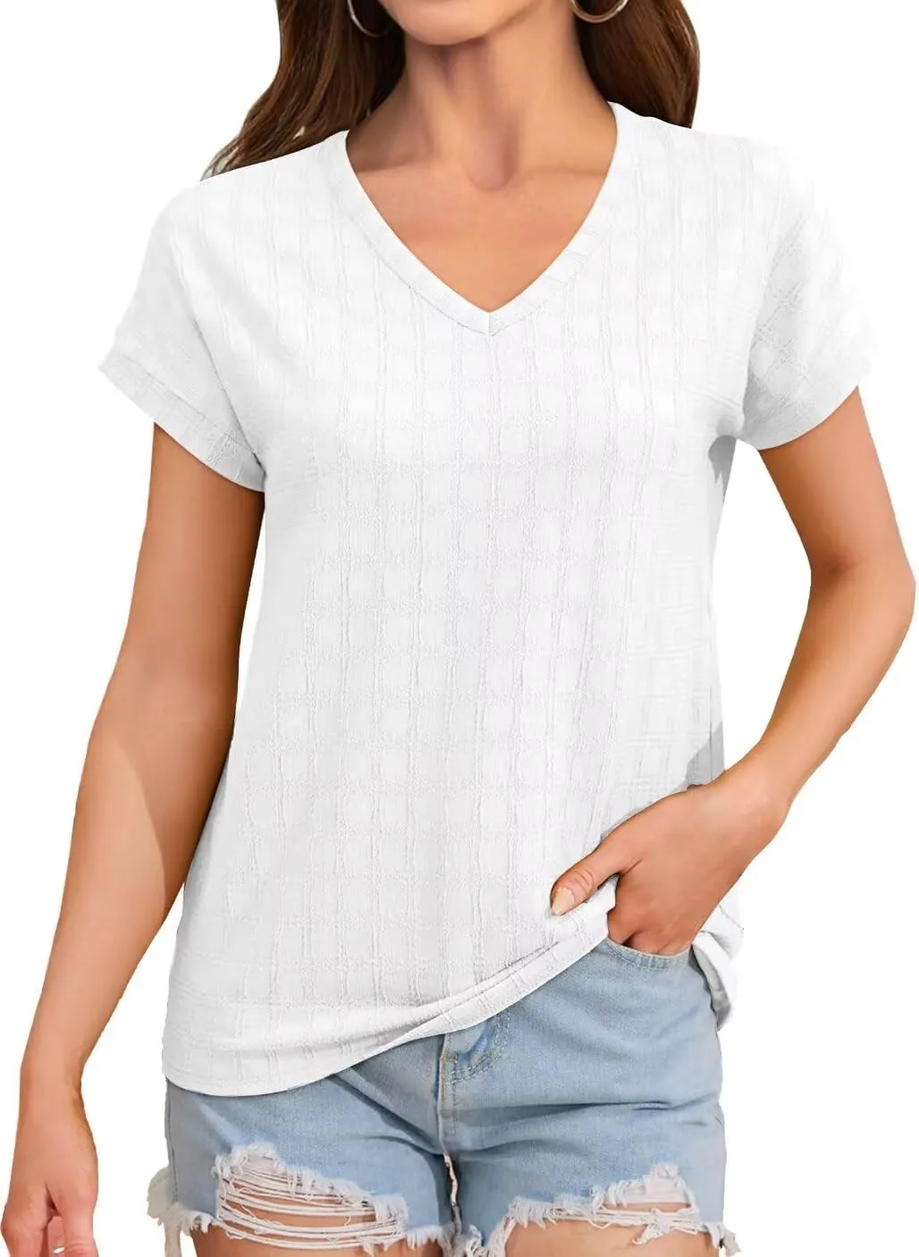 Bliwov Womens Summer Texture Tops Dressy Casual V Neck Short Sleeve T Shirts for Women 2025 Going Out Trendy Basic Outfits