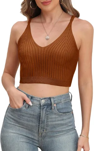Bluetime Women's Summer Ribbed Knit Tops 2024 Sleeveless V Neck Cami Shirts Spaghetti Strap Basic Crop Tank Tops