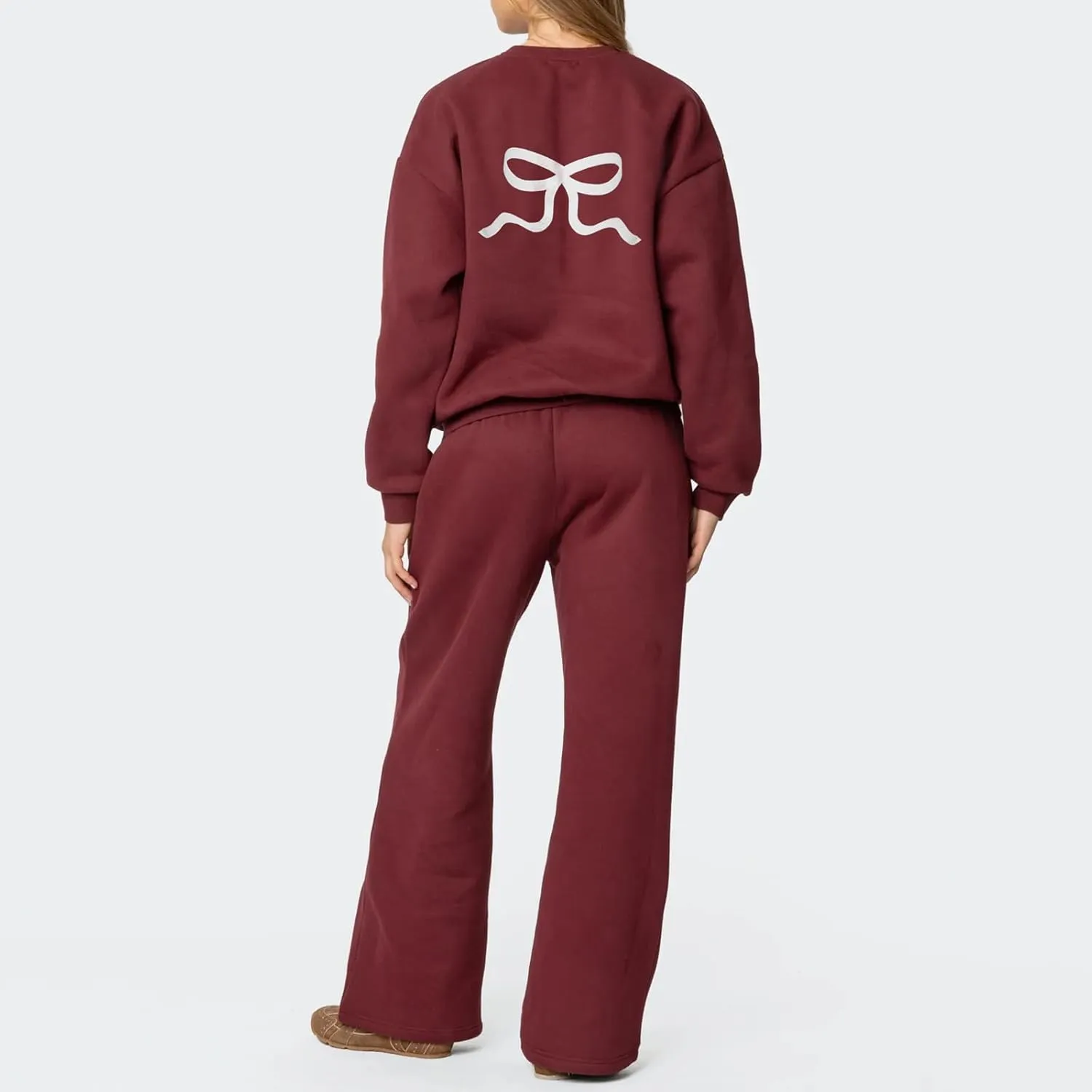 Bow Print Sweat Set for Women Tracksuit Long Sleeve Crew Neck Oversized Hoodie Wide Leg Sweatpants 2 Piece Outfits