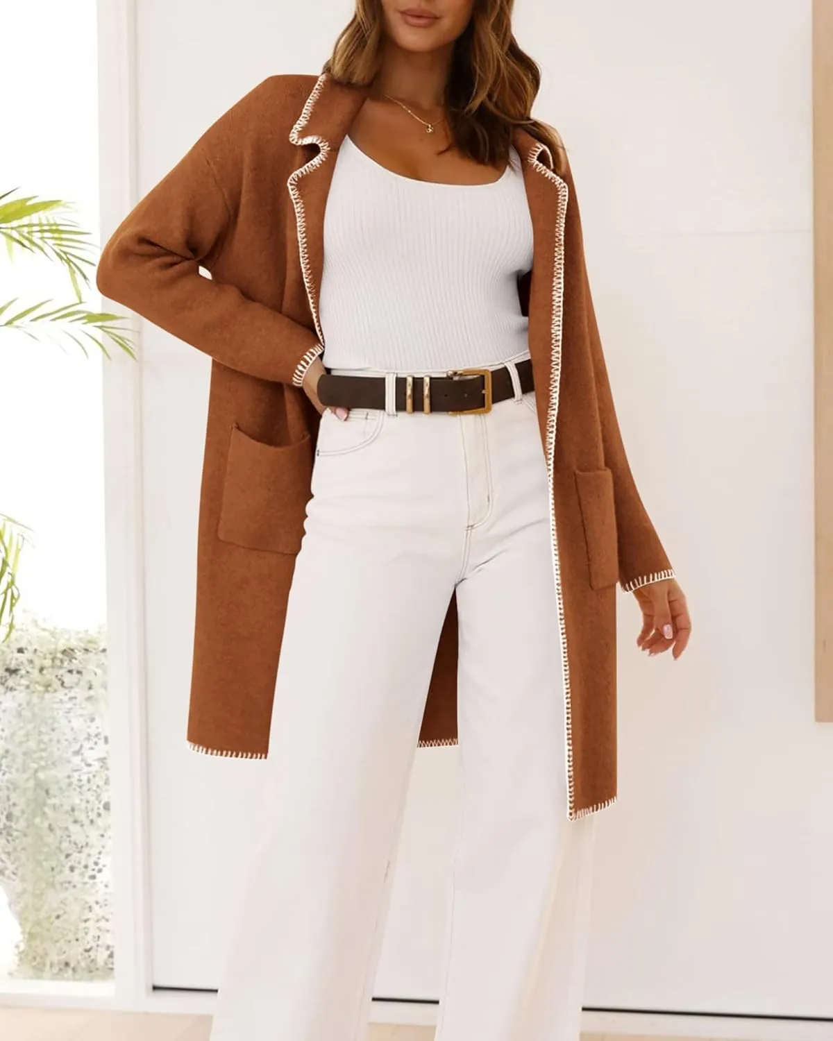 BTFBM Women's Open Front Cardigan Lapel Coatigan Lady 2024 Fall Winter Jacket Outwear Long Sweater Blazer with Pockets