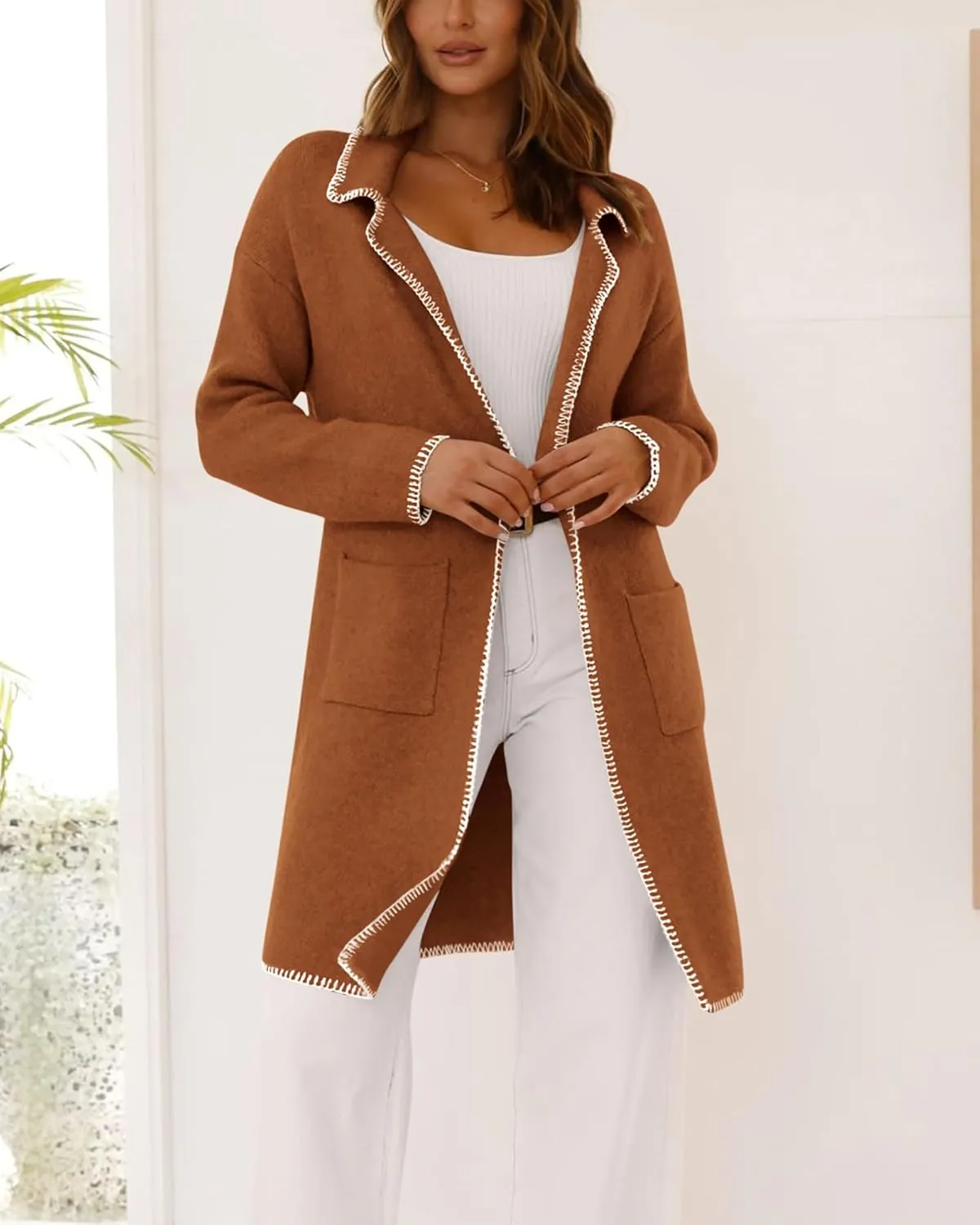 BTFBM Women's Open Front Cardigan Lapel Coatigan Lady 2024 Fall Winter Jacket Outwear Long Sweater Blazer with Pockets