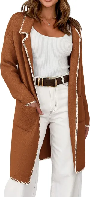 BTFBM Women's Open Front Cardigan Lapel Coatigan Lady 2024 Fall Winter Jacket Outwear Long Sweater Blazer with Pockets
