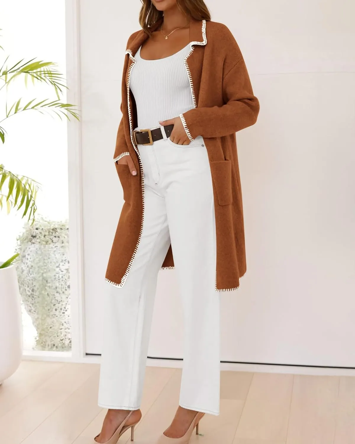 BTFBM Women's Open Front Cardigan Lapel Coatigan Lady 2024 Fall Winter Jacket Outwear Long Sweater Blazer with Pockets