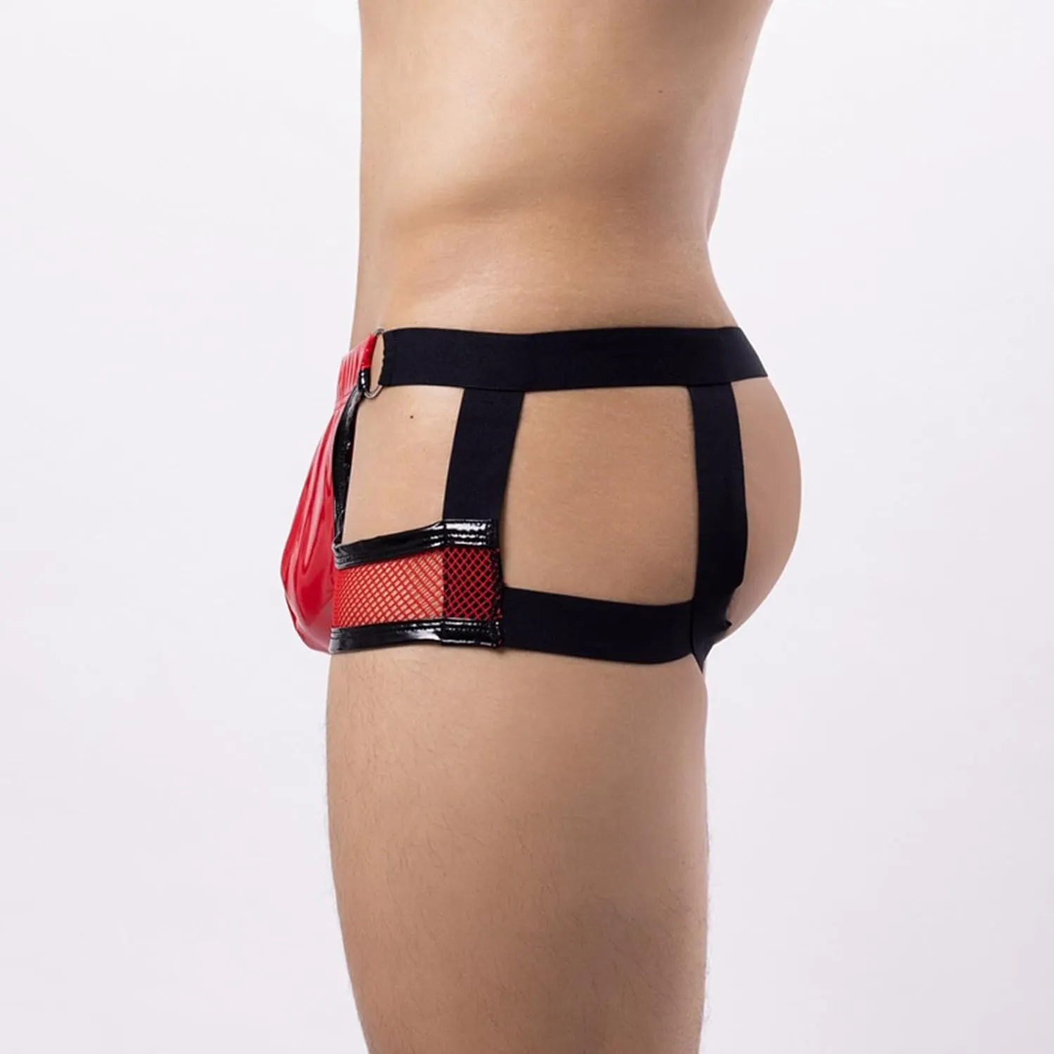 Bulge Pouch Boxer Briefs for Men Faux Leather Patchwork Mesh Boyshorts Sexy Cutout Breathable Bikini Low Waist Panties