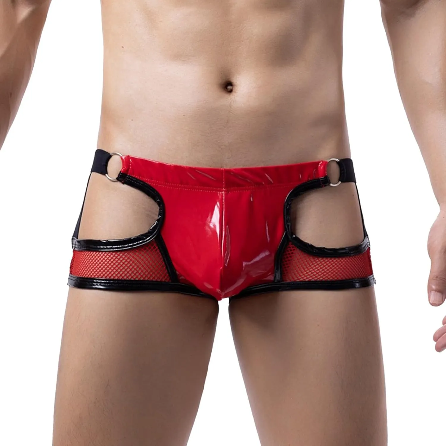 Bulge Pouch Boxer Briefs for Men Faux Leather Patchwork Mesh Boyshorts Sexy Cutout Breathable Bikini Low Waist Panties