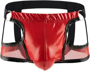Bulge Pouch Boxer Briefs for Men Faux Leather Patchwork Mesh Boyshorts Sexy Cutout Breathable Bikini Low Waist Panties