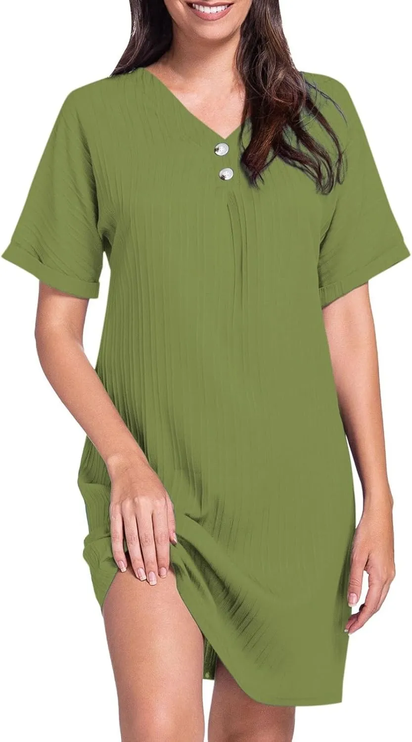 Button Down Dress for Women 2025 V Neck Mini Summer Dress Casual Short Sleeve Beach Vacation Dresses Resort Wear