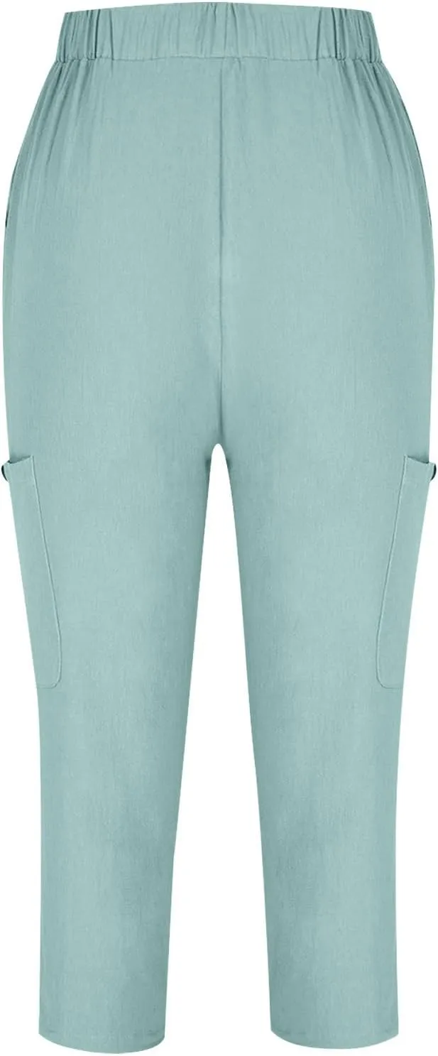 Capri Pants for Women Trendy Summer High Waisted Lounge Pant Casual Relax Breathable Skinny Trousers with Pockets