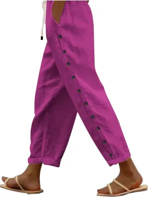 Casual Linen Pants for Women Side Button up Breathable Summer Trousers Elastic High Waist Pant Solid Retro Pant 2025