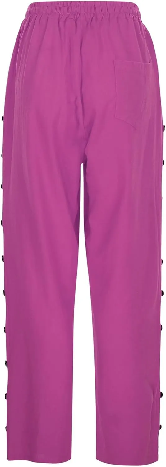 Casual Linen Pants for Women Side Button up Breathable Summer Trousers Elastic High Waist Pant Solid Retro Pant 2025