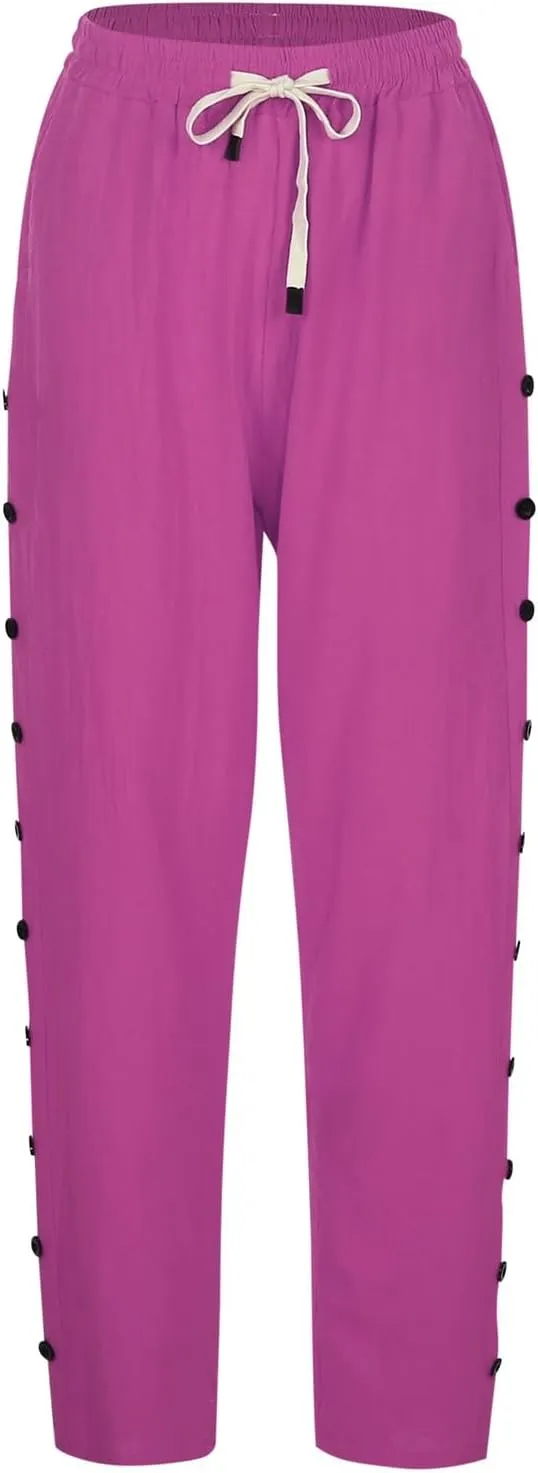 Casual Linen Pants for Women Side Button up Breathable Summer Trousers Elastic High Waist Pant Solid Retro Pant 2025