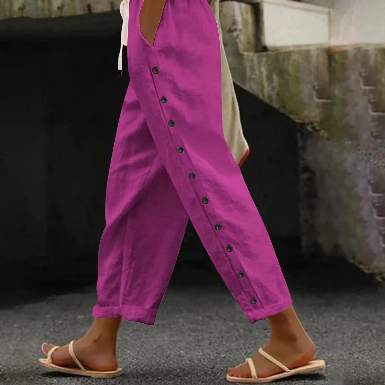 Casual Linen Pants for Women Side Button up Breathable Summer Trousers Elastic High Waist Pant Solid Retro Pant 2025