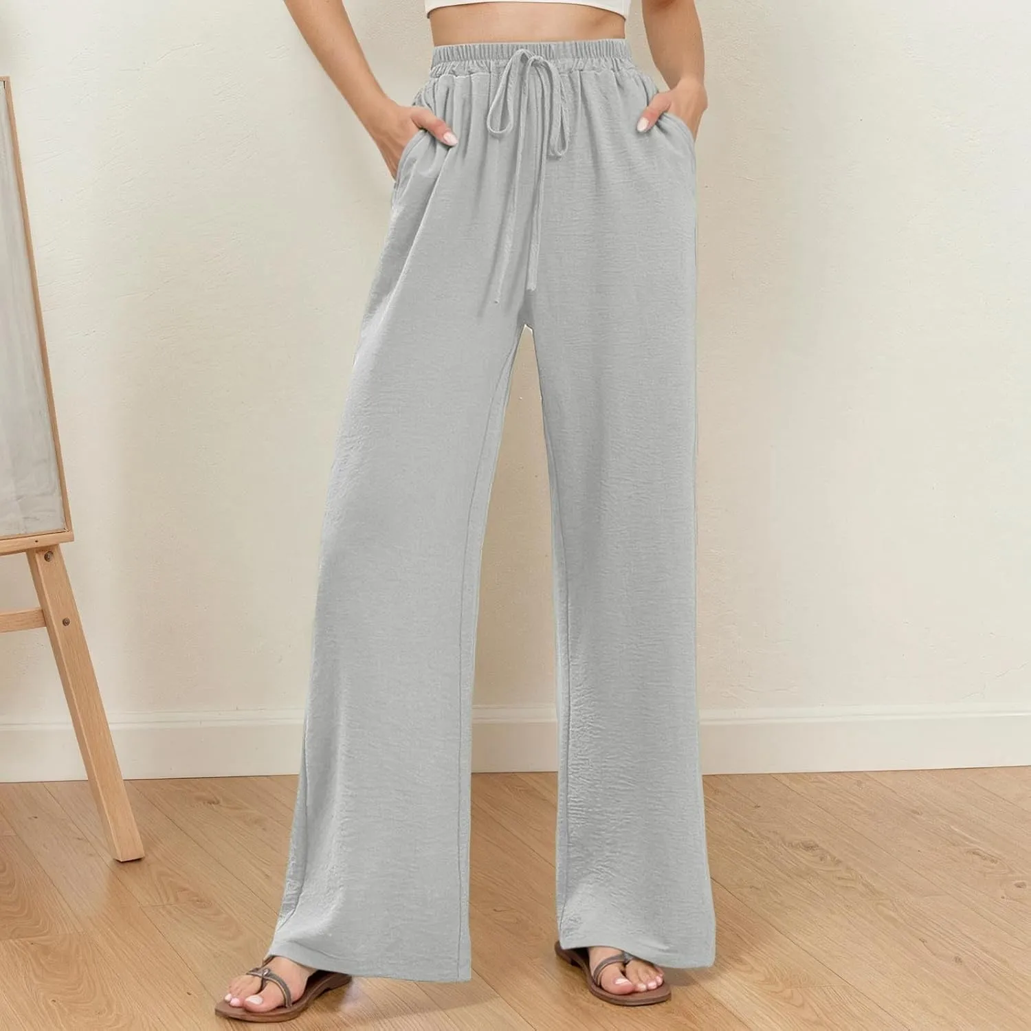 Casual Wide Leg Pants for Women Elastic High Waist Breathable Palazzo Pants Baggy Drawstring Comfy Ice Silk Trousers