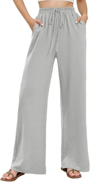 Casual Wide Leg Pants for Women Elastic High Waist Breathable Palazzo Pants Baggy Drawstring Comfy Ice Silk Trousers