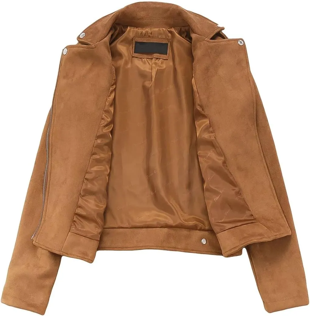 CHARTOU Women's Fall 2023 Fashion Faux Suede Leather Casual Moto Biker Jacket Coats