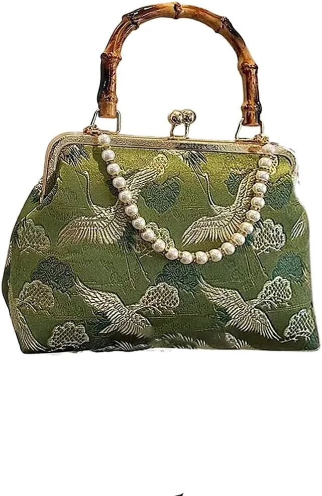Chinese women's bamboo knot handbag, vintage embroidered pearl chain diagonal cross bag, banquet and wedding