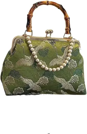 Chinese women's bamboo knot handbag, vintage embroidered pearl chain diagonal cross bag, banquet and wedding