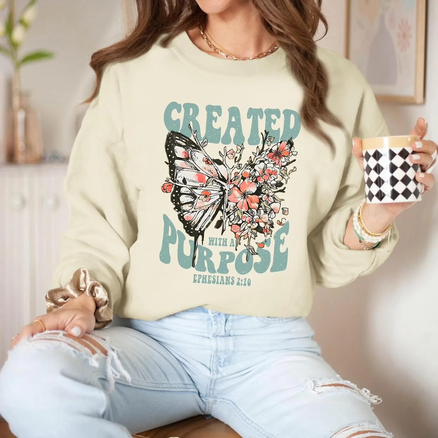 Christian Jesus Sweatshirts for Women Religious Faith God Bible Verse Shirts Boho Butterfly Graphic Pullover Tops