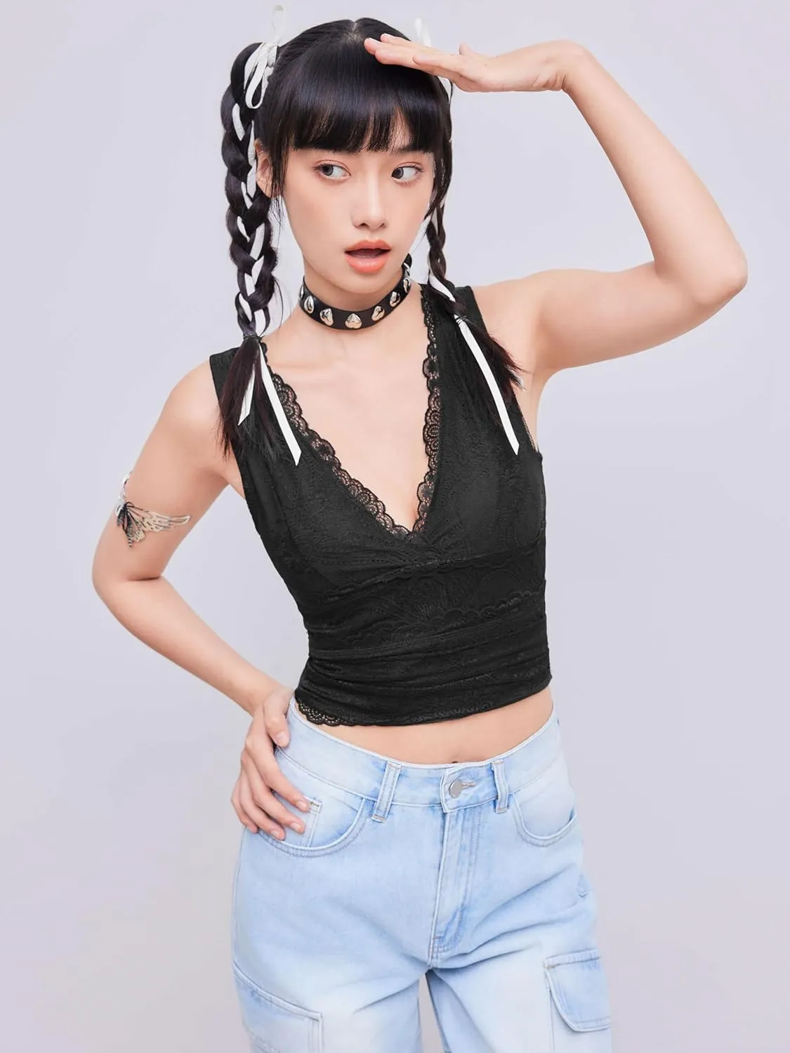CIDER Lace Crop Tank Tops for Women Summer V Neck Sleeveless Going Out Tops Ruched Sexy Tee Trendy T Shirts Casual