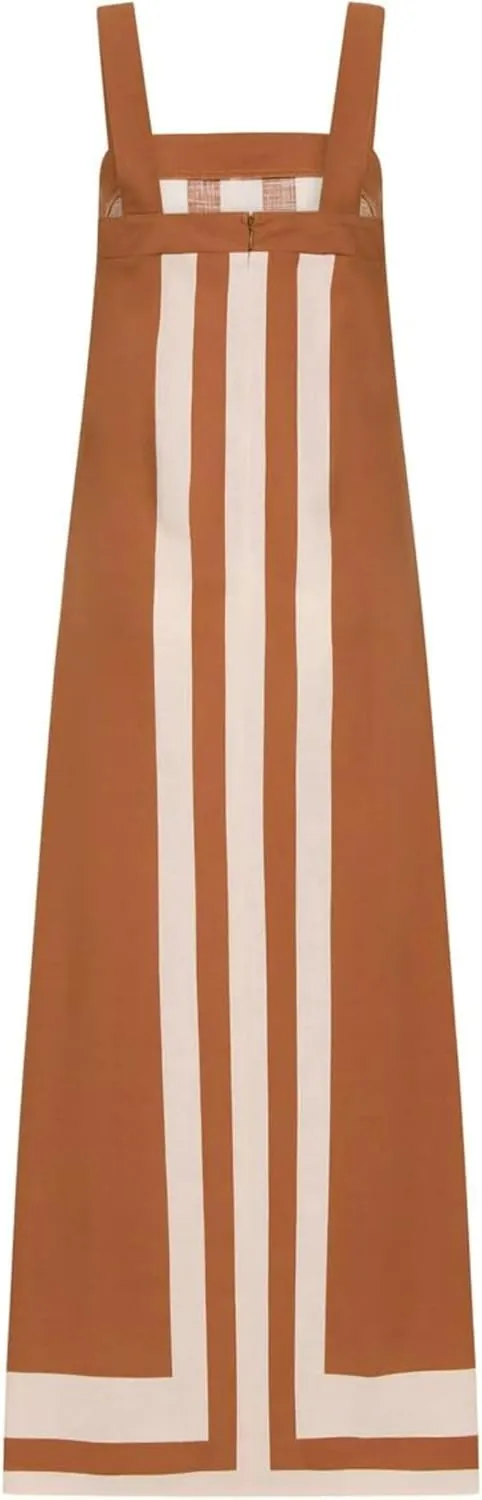 Color Block Maxi Dress for Women Summer Striped Square Neck Backless Long Dress Casual Flowy Beach Vacation Sundress
