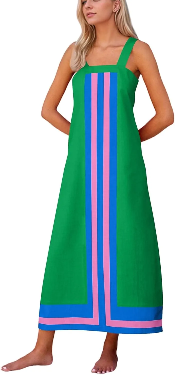Color Block Maxi Dress for Women Summer Striped Square Neck Backless Long Dress Casual Flowy Beach Vacation Sundress