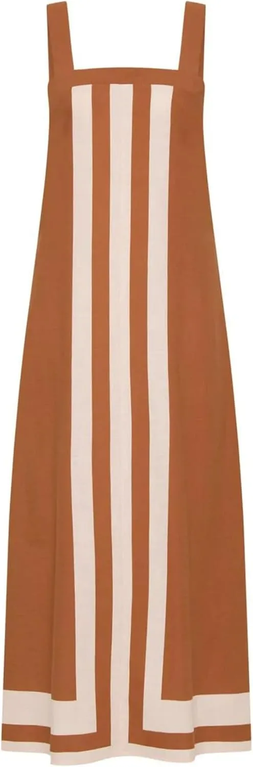 Color Block Maxi Dress for Women Summer Striped Square Neck Backless Long Dress Casual Flowy Beach Vacation Sundress