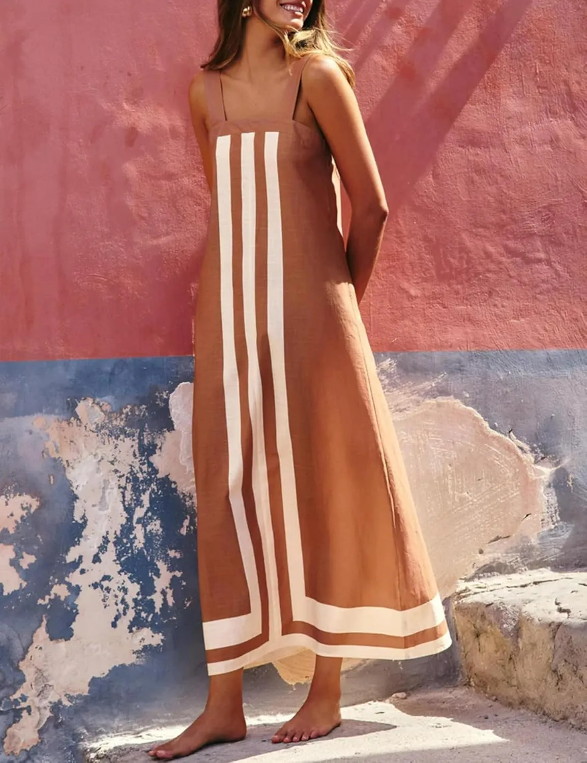 Color Block Maxi Dress for Women Summer Striped Square Neck Backless Long Dress Casual Flowy Beach Vacation Sundress