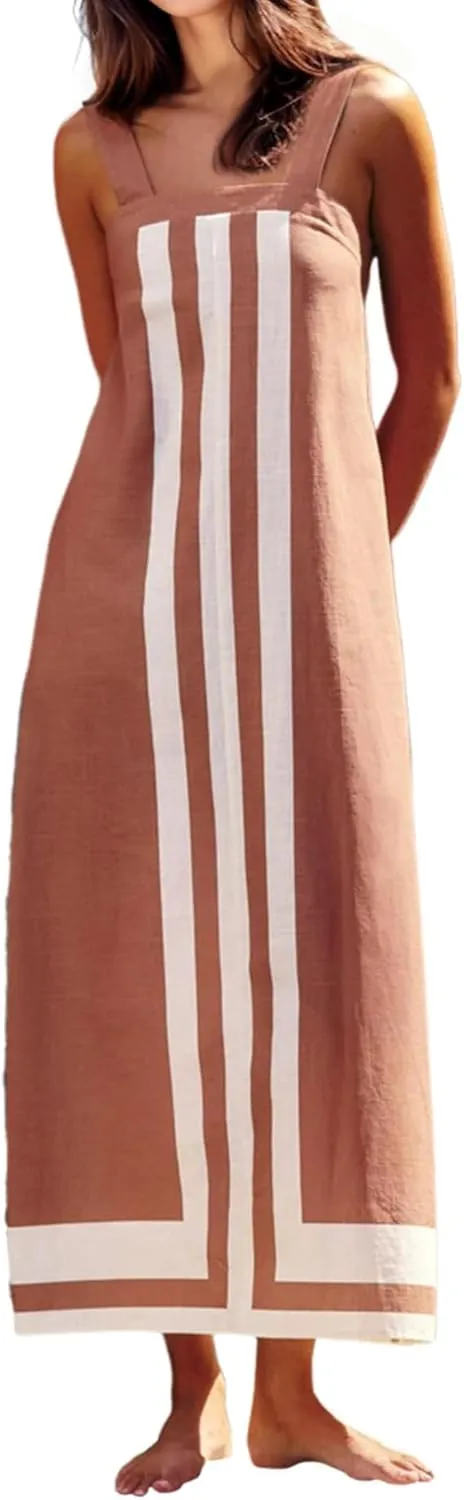 Color Block Maxi Dress for Women Summer Striped Square Neck Backless Long Dress Casual Flowy Beach Vacation Sundress