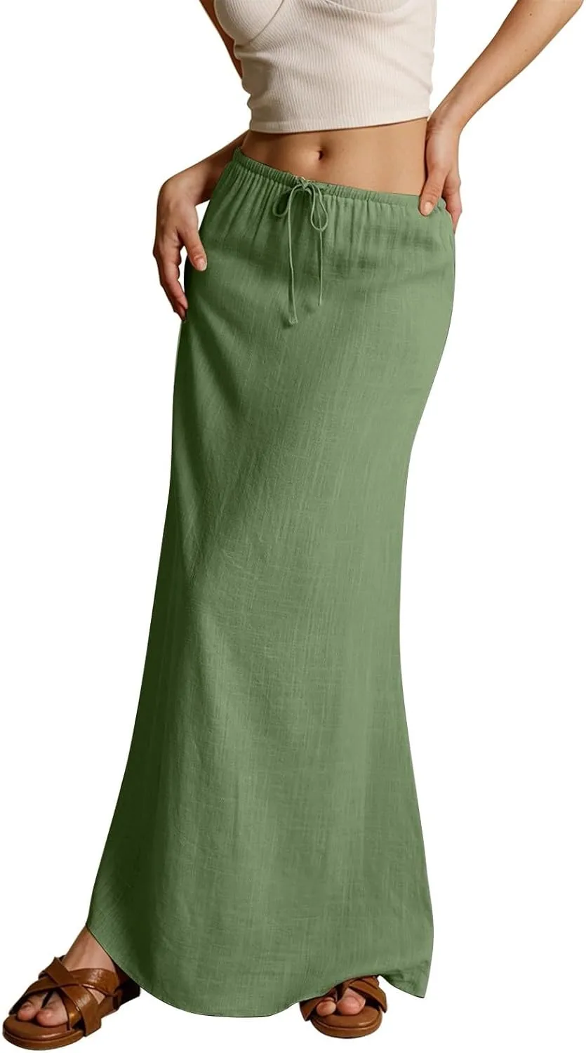 cooki Linen Skirts for Women Flared Maxi Summer Casual Vacation Boho Elastic Waist Drawstring Long Flowy Ankle-Length Skirt