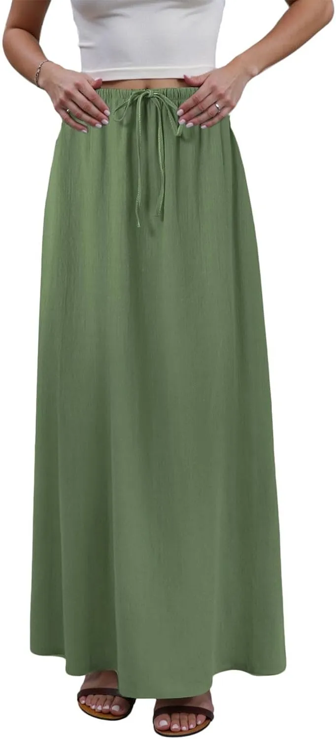 cooki Linen Skirts for Women Flared Maxi Summer Casual Vacation Boho Elastic Waist Drawstring Long Flowy Ankle-Length Skirt