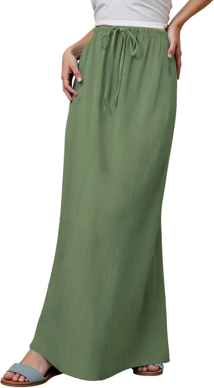 cooki Linen Skirts for Women Flared Maxi Summer Casual Vacation Boho Elastic Waist Drawstring Long Flowy Ankle-Length Skirt