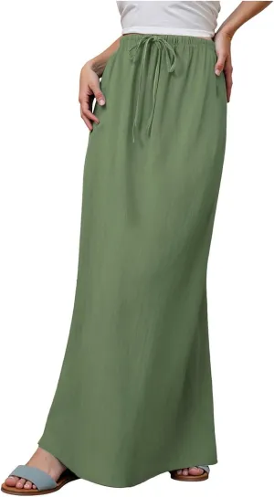 cooki Linen Skirts for Women Flared Maxi Summer Casual Vacation Boho Elastic Waist Drawstring Long Flowy Ankle-Length Skirt