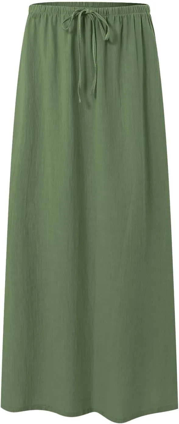 cooki Linen Skirts for Women Flared Maxi Summer Casual Vacation Boho Elastic Waist Drawstring Long Flowy Ankle-Length Skirt