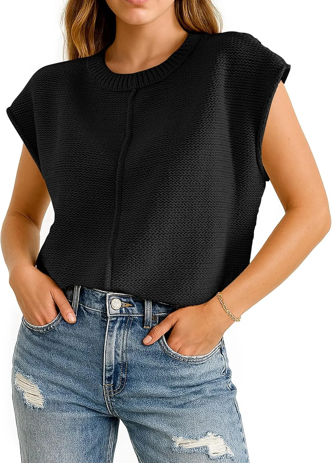 COSSEN Womens Summer Cap Sleeve Tops Trendy Casual Crew Neck Knit Lightweight Sweater Pullover Top