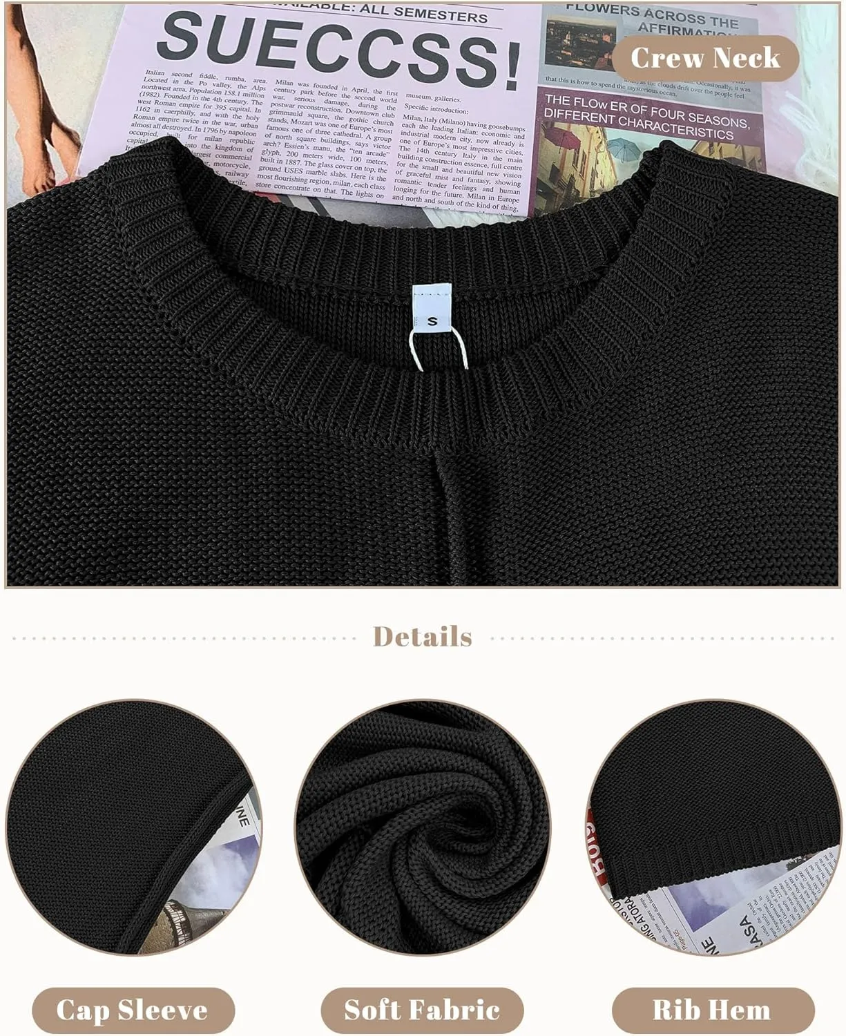 COSSEN Womens Summer Cap Sleeve Tops Trendy Casual Crew Neck Knit Lightweight Sweater Pullover Top