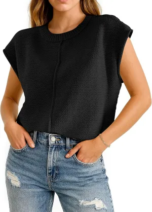 COSSEN Womens Summer Cap Sleeve Tops Trendy Casual Crew Neck Knit Lightweight Sweater Pullover Top