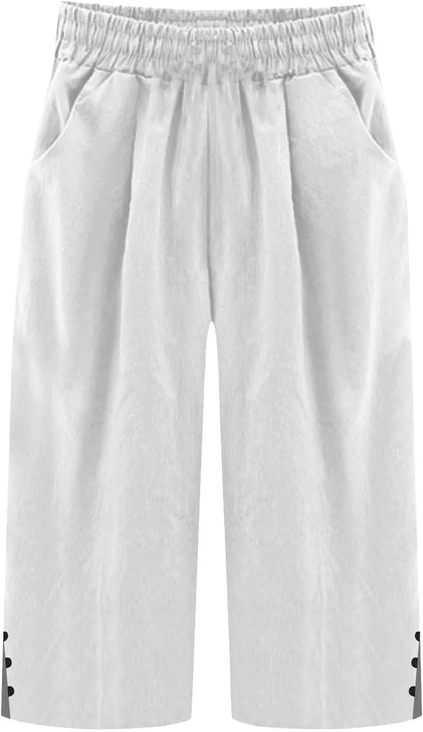 Cotton Linen Capri Pants for Women 2025 Summer Casual Cropped Trousers High Waist Solid Breathable Comfy Loose Capris