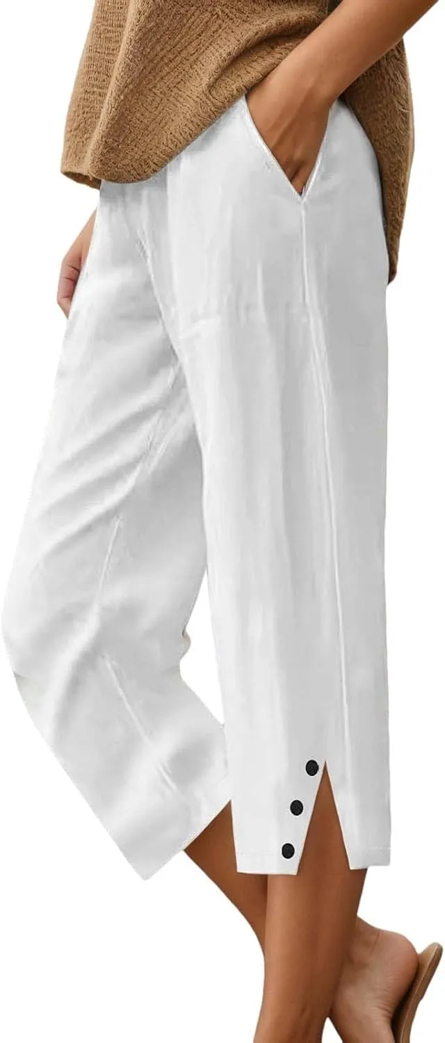 Cotton Linen Capri Pants for Women 2025 Summer Casual Cropped Trousers High Waist Solid Breathable Comfy Loose Capris