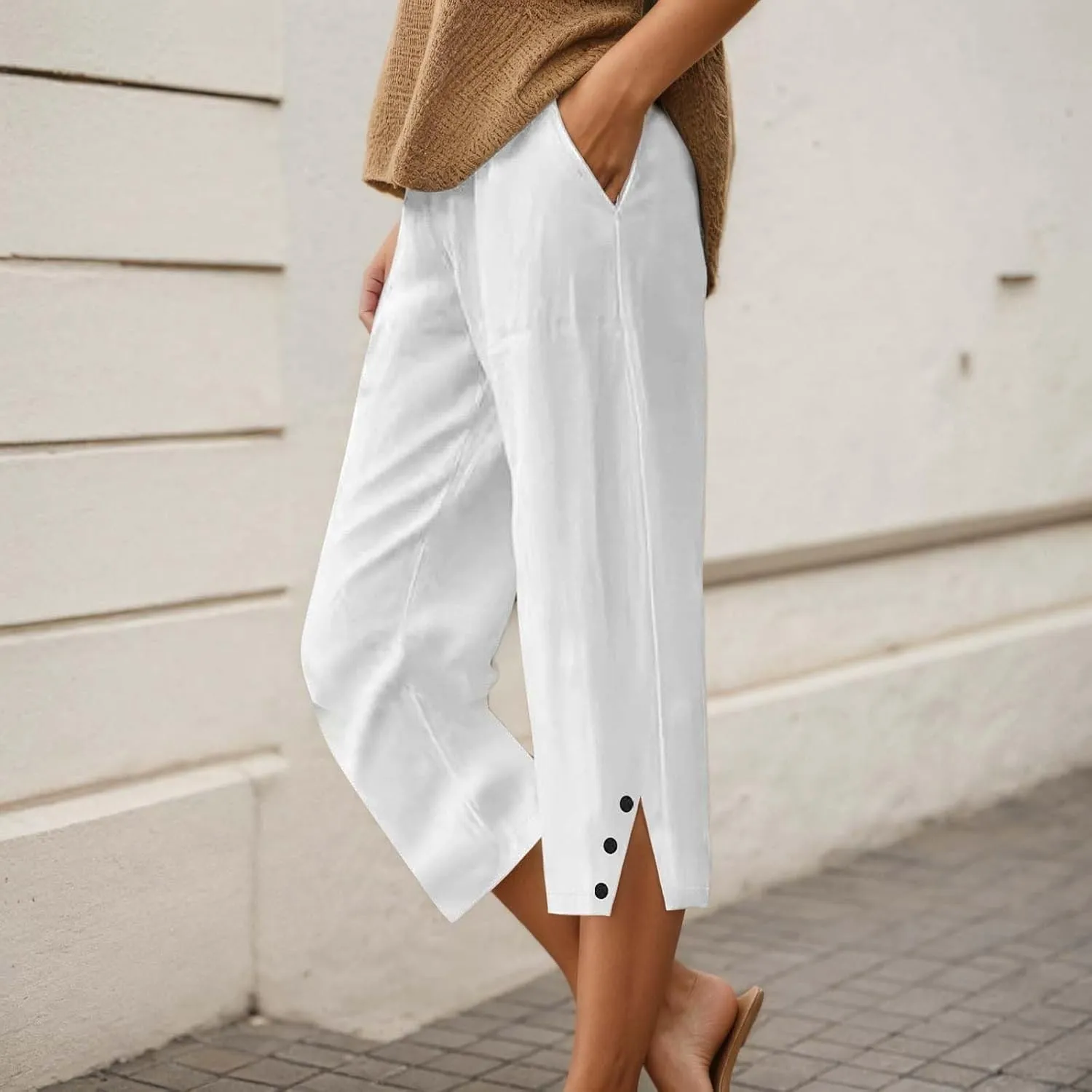Cotton Linen Capri Pants for Women 2025 Summer Casual Cropped Trousers High Waist Solid Breathable Comfy Loose Capris