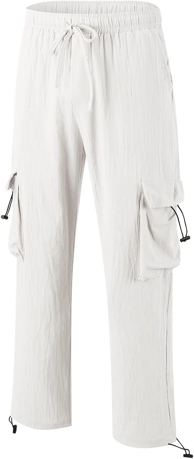Cotton Linen Dress Pants for Men Casual Drawstring Summer Beach Pants Lightweight Breathable Trousers with Pockets