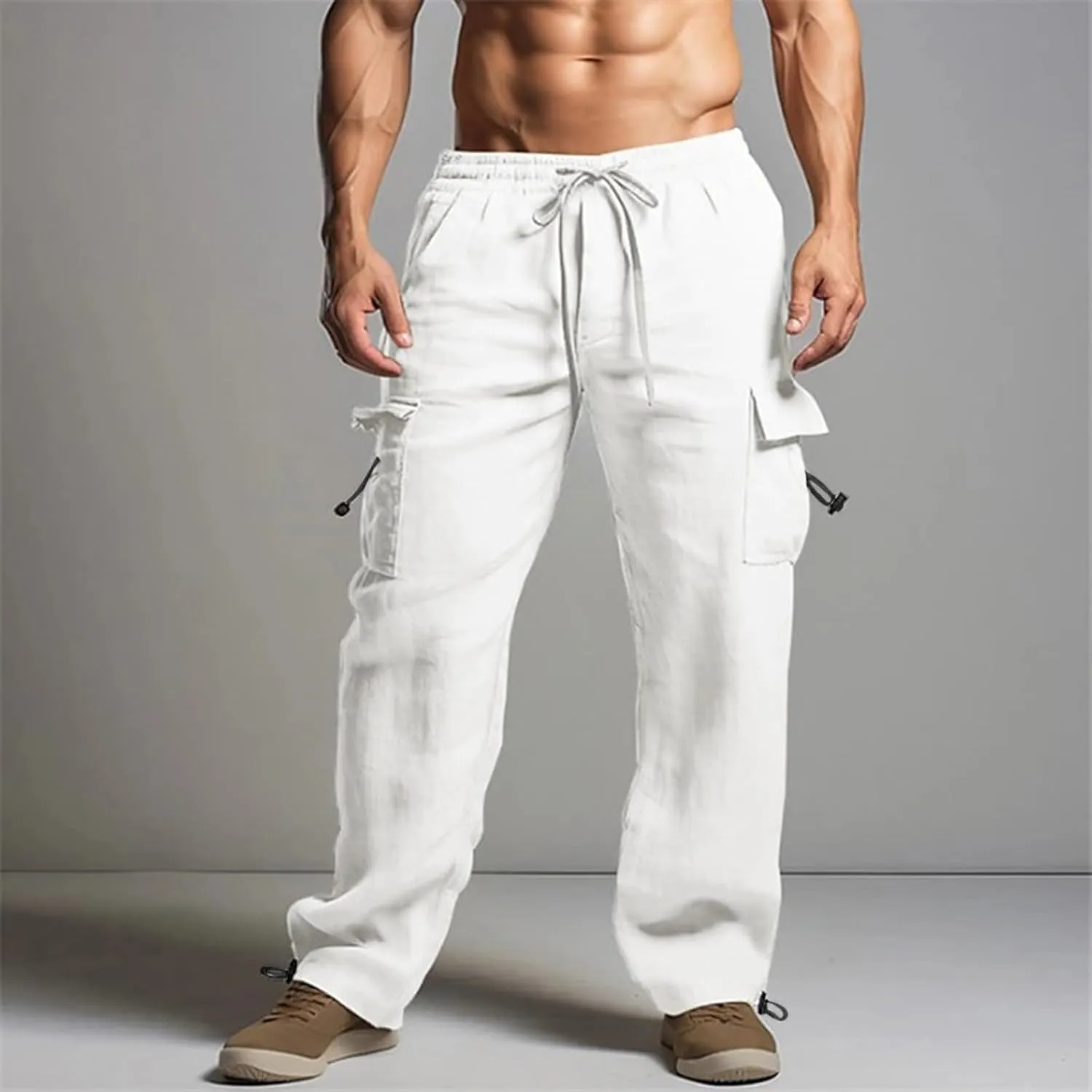 Cotton Linen Dress Pants for Men Casual Drawstring Summer Beach Pants Lightweight Breathable Trousers with Pockets