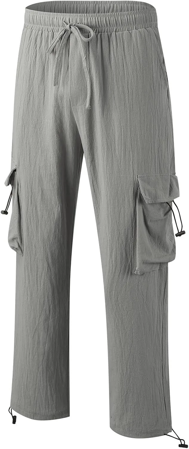 Cotton Linen Dress Pants for Men Casual Drawstring Summer Beach Pants Lightweight Breathable Trousers with Pockets