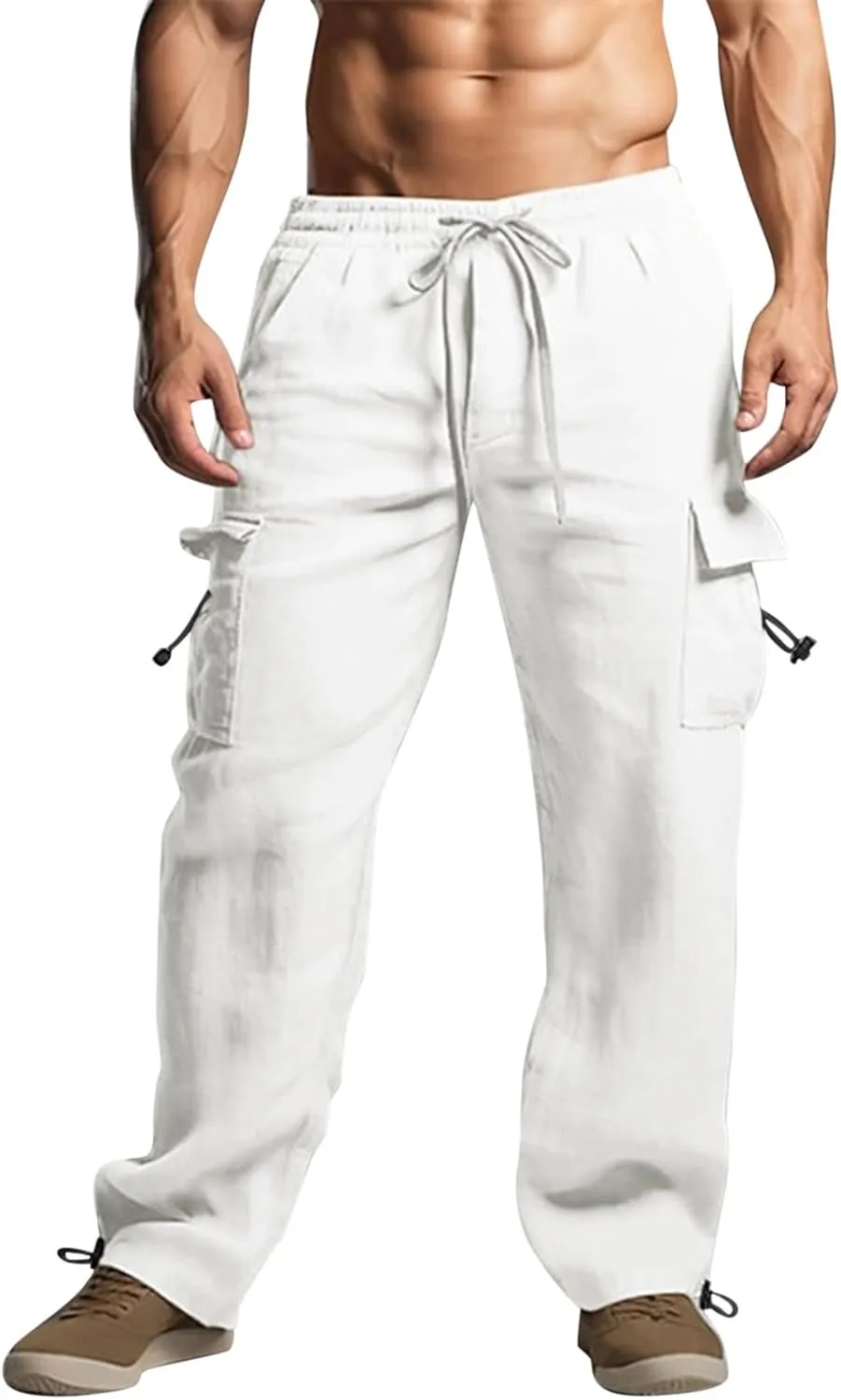 Cotton Linen Dress Pants for Men Casual Drawstring Summer Beach Pants Lightweight Breathable Trousers with Pockets