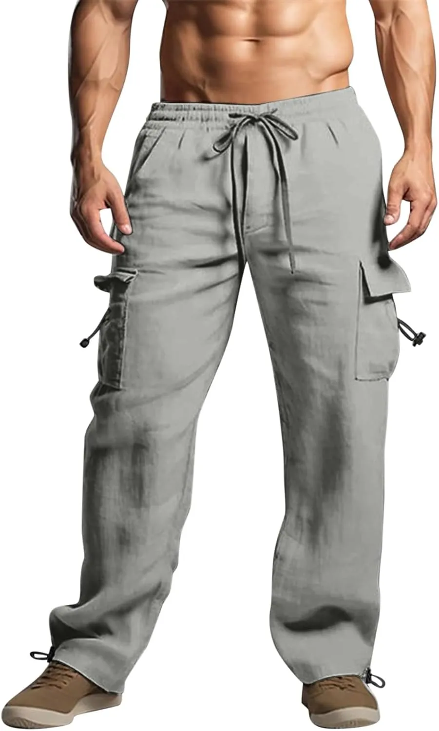 Cotton Linen Dress Pants for Men Casual Drawstring Summer Beach Pants Lightweight Breathable Trousers with Pockets