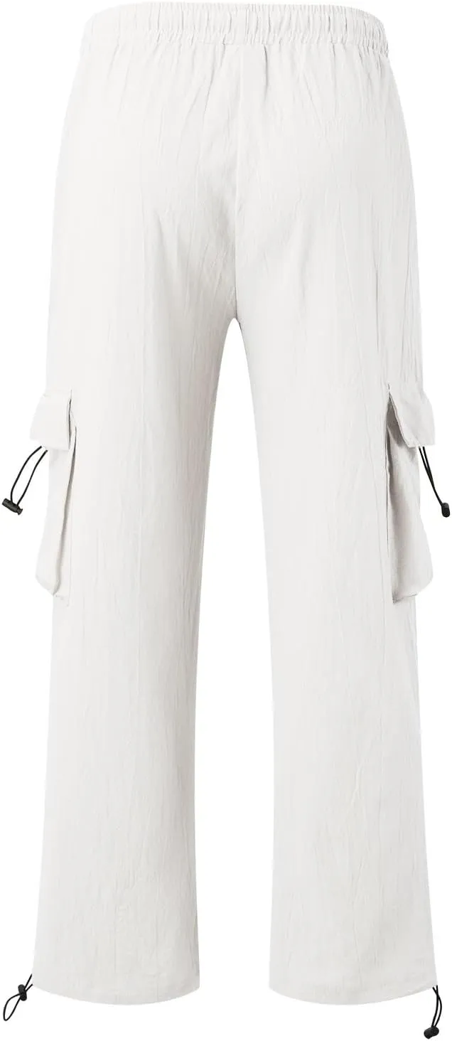 Cotton Linen Dress Pants for Men Casual Drawstring Summer Beach Pants Lightweight Breathable Trousers with Pockets