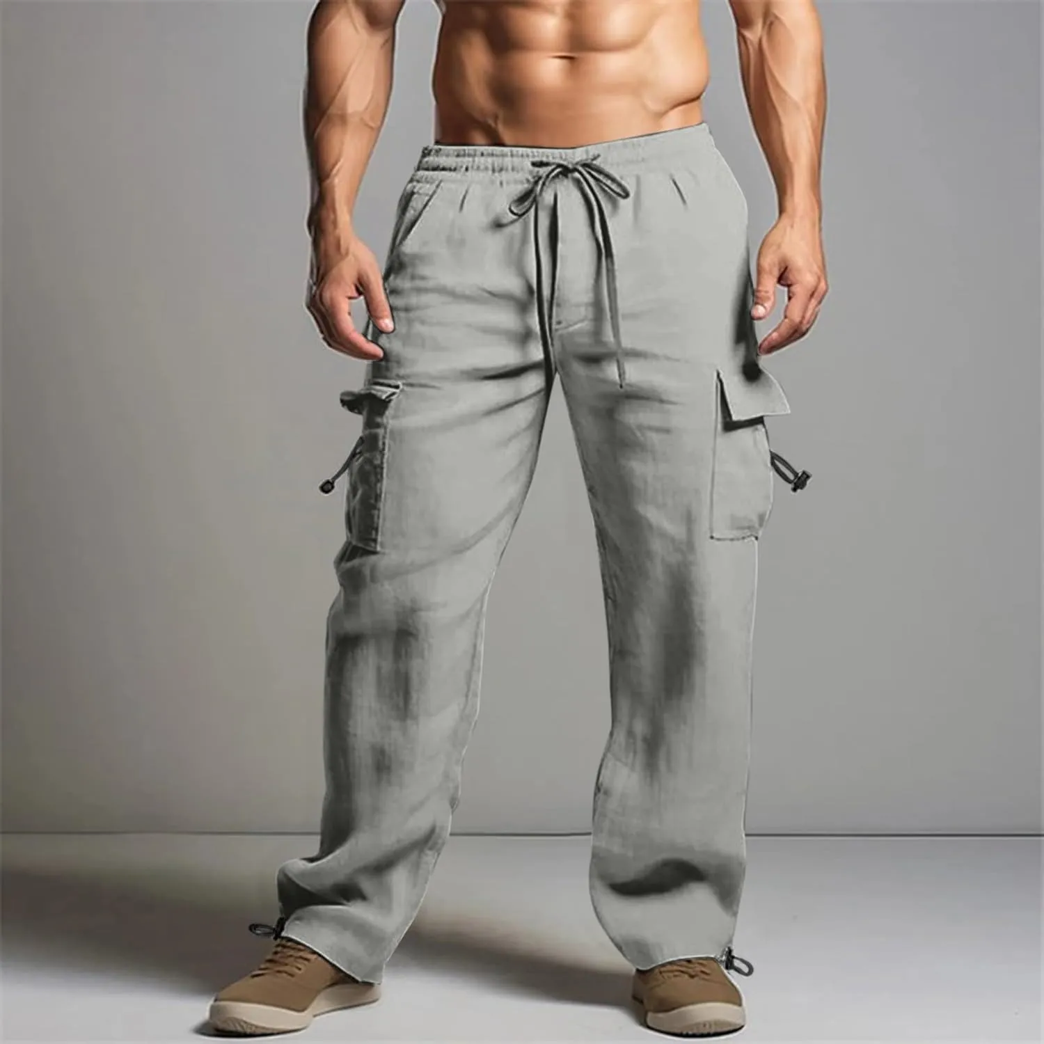 Cotton Linen Dress Pants for Men Casual Drawstring Summer Beach Pants Lightweight Breathable Trousers with Pockets
