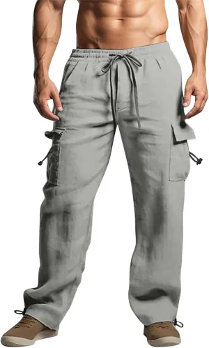 Cotton Linen Dress Pants for Men Casual Drawstring Summer Beach Pants Lightweight Breathable Trousers with Pockets